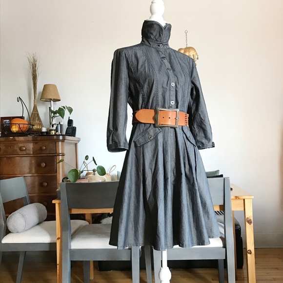 Gray denim dress with puff Peter Pan collar - Picture 3 of 5